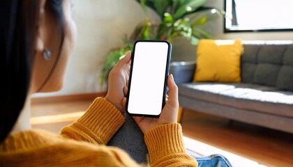 Woman Using Smartphone Mockup at Home - Mockups