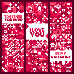 Poster - Valentines day banners with abstract geometric pattern and shapes. Festive cards set in vibrant shades of red and burgundy with romantic messages like together forever, i love you, and be my valentine