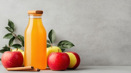 Wall Mural - A glass bottle of orange juice sits beside red and green apples, with cinnamon sticks and leaves, against a textured gray background.