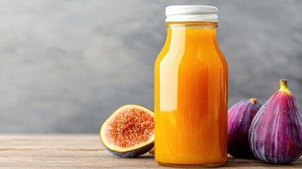 Wall Mural - A glass bottle filled with orange juice is placed beside fresh figs, creating a vibrant and healthy food scene on a wooden surface.