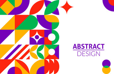 Poster - Abstract modern banner with geometric pattern of simple shapes and colors, vector background. Modern trendy or retro futuristic banner with pattern of geometric mosaic shapes and figure elements