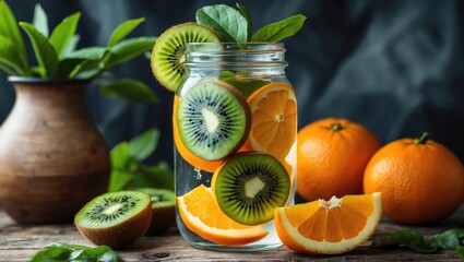 Poster - Refreshing Infused Water with Kiwi and Orange Slices in Glass Jar Surrounded by Fresh Fruits and Green Leaves