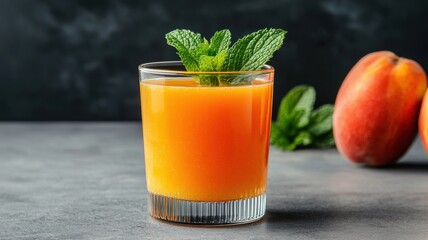 Wall Mural - A vibrant glass of peach juice garnished with fresh mint leaves, alongside ripe peaches, set against a dark background.