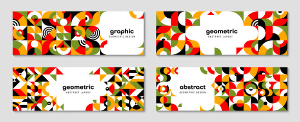Aufkleber - Modern abstract geometric horizontal banners featuring yellow, purple, green, red and white colors, bold shapes, and intricate patterns. Vector contemporary and dynamic backgrounds, cover templates