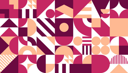 Poster - Purple, pink, maroon and white abstract geometric background. Modern art vector graphic pattern of color line, triangle, circle and square shapes mosaic. Abstract geometric pattern for tile or print
