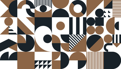 Poster - Golden, black and white abstract geometric pattern. Vector background with modern art graphic texture of simple geometry shapes mosaic. Abstract ornament with lines, circles and squares composition