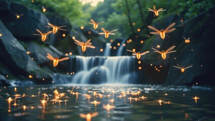 Poster - enchanting japanese fireflies dancing over a serene waterfall in okayama with ample empty space for 