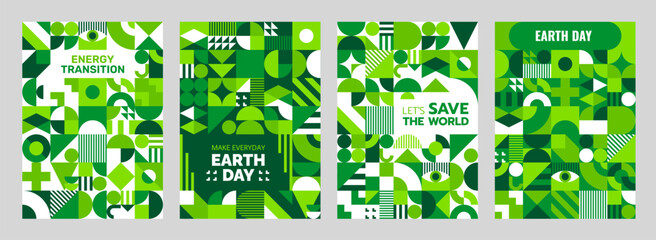 Poster - Earth day environment and ecology posters with green modern abstract geometric pattern. Green energy and clean environment leaflet vector page or poster with abstract minimalism pattern background