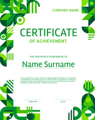 Poster - Environment ecology theme, certificate of achievement template with green geometric pattern. Earth day award certificate vector template, achievement diploma or voucher with green abstract pattern