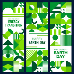 Poster - Environment ecology banners with abstract modern geometric pattern. Eco green vector graphic mosaic of simple geometry shapes. Earth Day, environment ecology and save planet vertical banners set