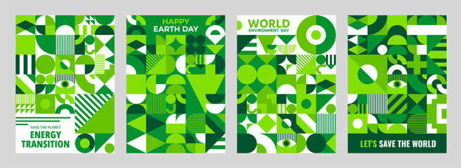Aufkleber - Earth and world environment day ecology posters with green modern geometric pattern.. Vector vertical backgrounds, covers, banners or card templates. Save the world and energy transitions awareness