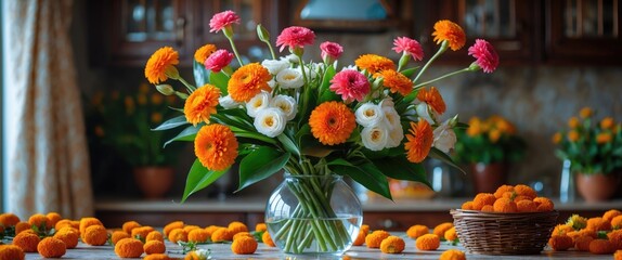 Poster - Vibrant Floral Arrangement with Kadupul Flowers and Marigolds in a Cozy Home Setting