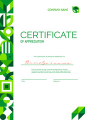 Poster - Environment ecology theme, certificate of appreciation template with green abstract modern geometric pattern border line. Vector diploma, award or gift certificate vertical template with eco mosaic