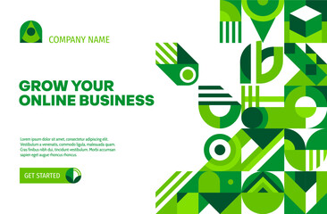 Poster - Landing page template environment ecology theme with green abstract geometric pattern. Eco business website landing page with vector geometric pattern border of green square, triangle, circle shapes