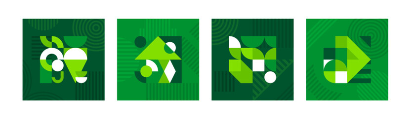 Poster - Environment ecology banners with green modern abstract geometric pattern. Vector graphic mosaic with simple geometry shapes and elements, eco green, ecology, environment and nature theme posters