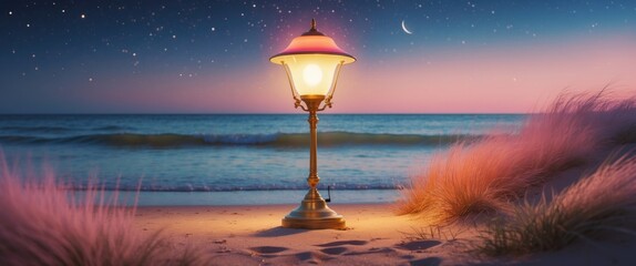 Poster - lamp by the seaside illuminating a serene summer night with gentle waves and starry sky, perfect for