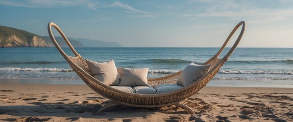 Poster - cozy hammock on a tranquil beach with ocean waves and mountains in the background perfect for relaxa