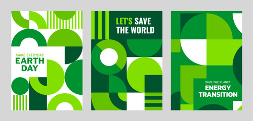 Aufkleber - Environment ecology earth day posters with green modern abstract geometric pattern. Vector background or cover template for April 22 celebration. Save the world and energy transitions vertical banners
