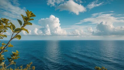 Wall Mural - Serene Ocean View from Cliff with Lush Green Plant and Dramatic Cloudy Sky Capturing Natural Beauty and Tranquility