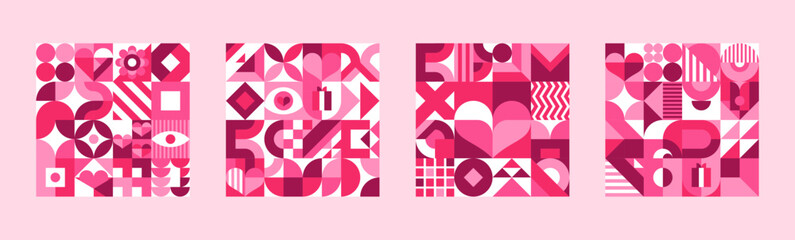 Poster - Pink geometric shapes for Valentine day tile background, vector patterns. Valentine day holiday pattern of abstract geometric hearts, flowers or kiss lips shapes and simple love or wedding elements