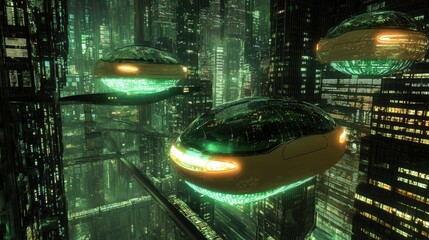 Poster - a futuristic city powered by quantum energy, where floating cars and glowing energy fields dominate 
