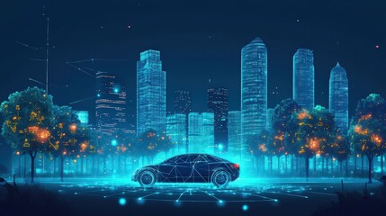 Poster - a futuristic city powered by quantum energy, where floating cars and glowing energy fields dominate 
