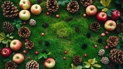 Wall Mural - Autumn Nature Scene with Moss, Apples, Pinecones, Berries and Greenery Featuring Empty Space for Text or Design Elements