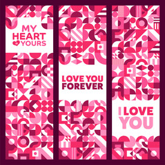 Poster - Valentine day holiday banners with geometric shapes and love quotes, vector pink red hearts. Valentine day greeting quotes of I love You Forever and My Heart Is Yours on abstract geometric love shapes