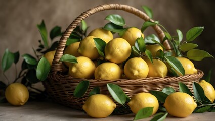 Wall Mural - Fresh Organic Lemons Gathered in a Rustic Basket Surrounded by Green Leaves