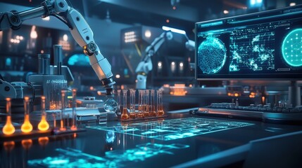 Poster - A futuristic science lab filled with holographic screens, robotic arms, and glowing chemical vials, where scientists are conducting groundbreaking research