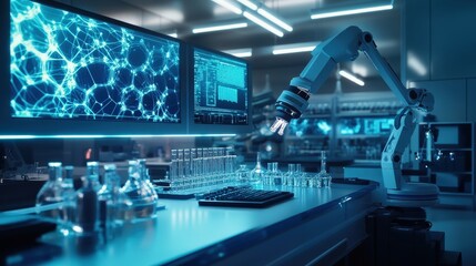 Poster - A futuristic science lab filled with holographic screens, robotic arms, and glowing chemical vials, where scientists are conducting groundbreaking research