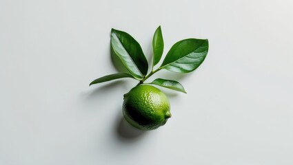 Wall Mural - Fresh Green Lime with Leaves on White Background for Culinary and Beverage Use