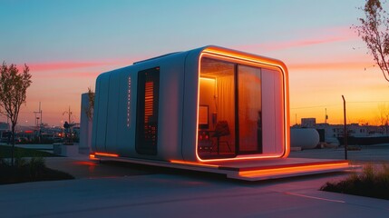 Poster - A futuristic tiny home with sleek, modern architecture, smart technology, and an energy-efficient design