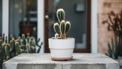 Wall Mural - Cactus in White Pot on Concrete Table with Outdoor Background Featuring Lush Greenery and Natural Light