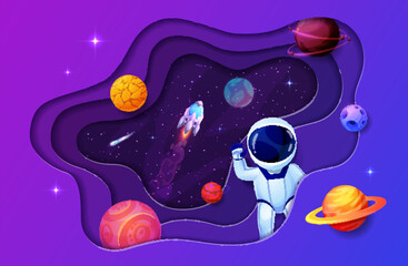 Poster - Space paper cut astronaut and galaxy planets with rocket spaceship. Vector 3d design with spacecraft in Universe and papercut frame. Shuttle futuristic cosmic travel in Galaxy, alien world exploration
