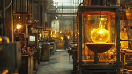 Poster - A glass factory with furnaces heating raw materials, workers shaping molten glass into bottles and containers.