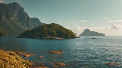 Poster - serene coastal landscape featuring isolated islands and tranquil waters ideal for text placement and