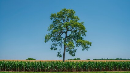 Wall Mural - Solitary Tree Surrounded By Vibrant Green Cornfield Under Clear Blue Summer Sky