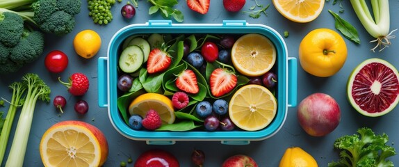 Sticker - Fresh and Vibrant Lunch Box Filled with Colorful Fruits and Vegetables Surrounded by Healthy Ingredients and Copy Space for Text