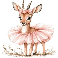 Canvas Print - Adorable Watercolor Antelope in Pink Tutu Ballerina Dress