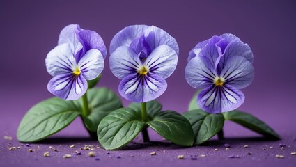 Poster - Macro Shot of Three Blooming Violets with Lush Green Leaves on a Soft Purple Background Ideal for Text Placement and Floral Designs