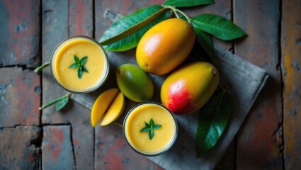 Poster - Mango Smoothies with Fresh Ripe Mangoes on Rustic Wood Table Morning Refreshment and Natural Ingredients with Space for Text