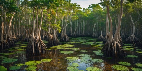 Poster - Lush Mangrove Forest with Vibrant Greenery and Water Lillies Creating Tranquil Nature Scene with Copy Space for Text