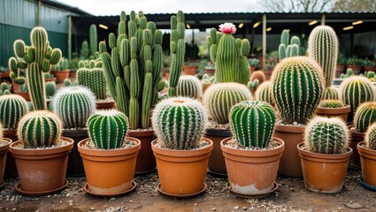 Wall Mural - Diverse Cacti Varieties in Terracotta Pots at a Farm With Ample Space for Text and Marketing Messages