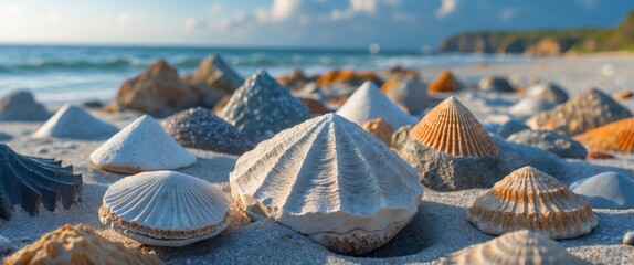 Poster - Colorful Marine Fossils and Seashells on a Sandy Beach Under Bright Blue Sky with Gentle Ocean Waves in Background