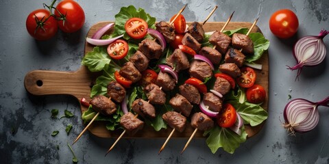 Wall Mural - Grilled Meat Skewers on Wooden Board Surrounded by Salad Tomatoes and Onions with Text Space on Gray Background for Culinary Presentation