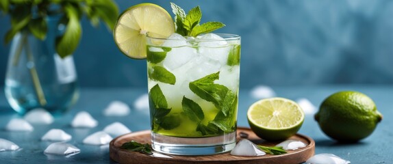 Wall Mural - Refreshing Mojito Cocktail with Ice and Mint Leaves Served in a Glass Garnished with Fresh Lime on a Blue Background