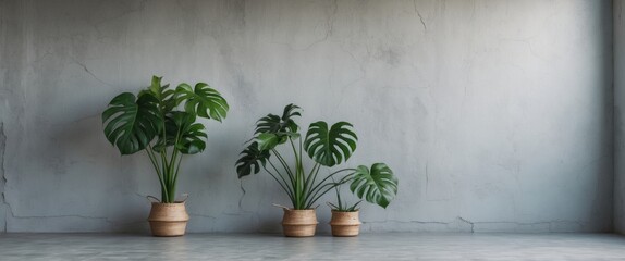 Canvas Print - Stylish indoor urban setting with three Monstera plants in minimalist pots against a textured gray wall, ideal for modern decor concepts.