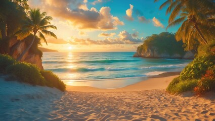 Poster - serene sunrise over tranquil beach with lush palm trees and gentle waves
