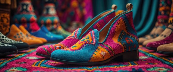 Poster - Vibrant Moroccan Shoes Showcasing Traditional Handcrafted Design on Colorful Textile Background